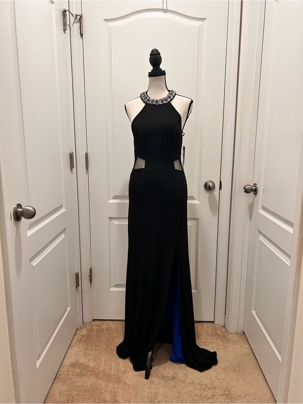 Sequin Hearts Black & Royal Blue Jeweled Halter Gown Size 7 NWT